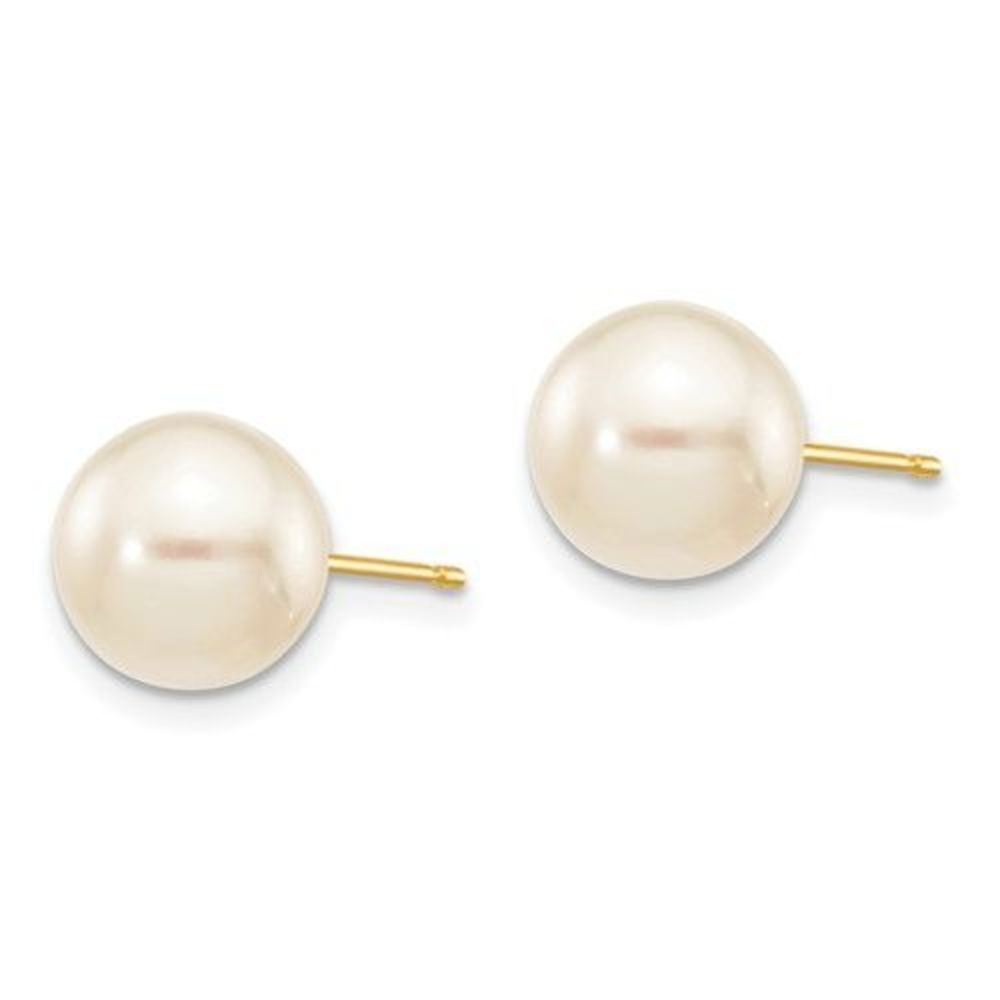 14k 8-9mm Round White Saltwater Akoya Cultured Pearl Stud Post Earrings